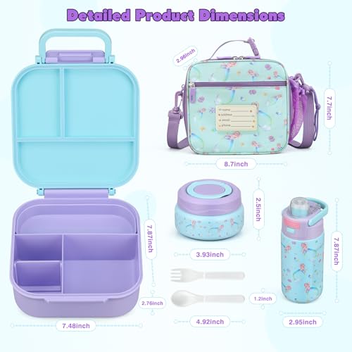 Bento Lunch Box for Kids with 7oz Soup Thermo,Insulated Stainless Steel Kids Water Bottle with Straw and Insulated Lunch Bag,Leak-Proof Lunch Food Container with Ice Pack for School(Purple-Mermaid) - color: Purple-Mermaid