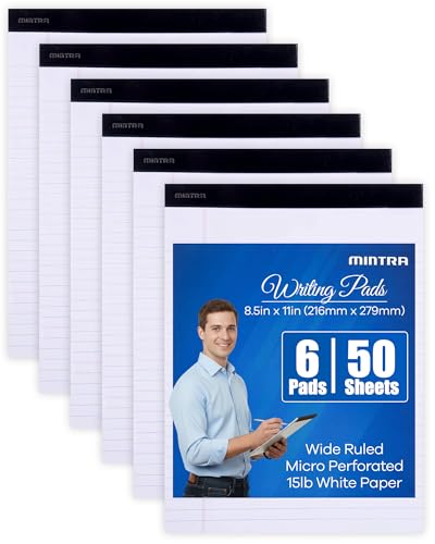 Mintra Office White Legal Pads – Ruled Notepads and Micro-Perforated Sheets, Ideal for Writing, Note-Taking & Creativity, Office, or Professional Use, Basic Pad 6 pack, 8.5"x11" (Wide Ruled) - color: White - Basic Pad, size: Wide