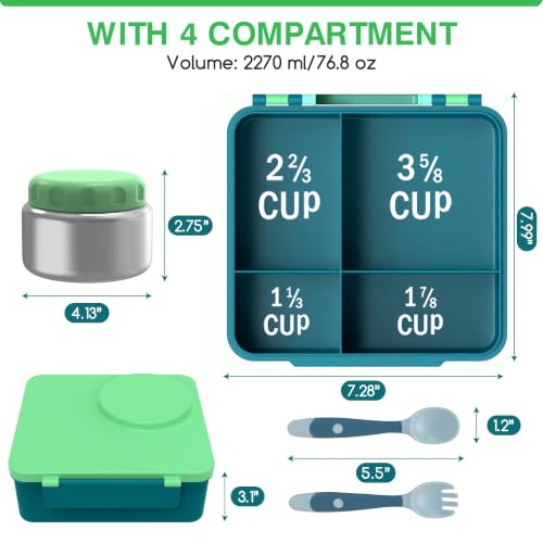 Bento Box for Kids - Leak-Proof Bento Lunch Box with Insulated Thermo Food Jar - 4 Compartments, 1 Removable Divider, 1 Spoon, 1 Fork - Dishwasher Safe, BPA-Free (Green) - color: Green