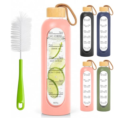 32 OZ Glass Water Bottles, Borosilicate Glass Bottle with Time Marker, 1 Liter Leak Proof Reusable BPA Free Motivational Water Bottles with Silicone Sleeve and Bamboo Lid (Pink) - color: Pink