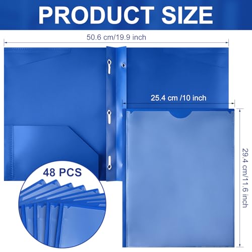 Tenceur 48 Pack Plastic Folders with 3 Prongs Bulk Heavy Duty Folders with Clear Front Pockets and Card Slots with Fasteners Fit Letter-Size Papers for Work School Office (Blue)