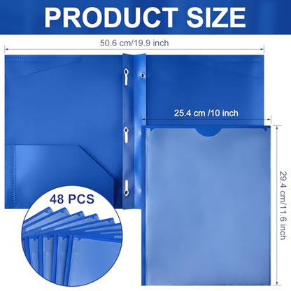 Tenceur 48 Pack Plastic Folders with 3 Prongs Bulk Heavy Duty Folders with Clear Front Pockets and Card Slots with Fasteners Fit Letter-Size Papers for Work School Office (Blue)