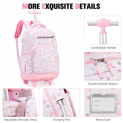 ACESAK Rolling Backpack for Girls - Roller Wheels School bag with Lunch Bag & Pencil Pouch for Teen Girls Kids Wheeled Suitcase Backpacks, Elementary Middle School Travel Daypack (Pink Bow) - color: Pink Bow