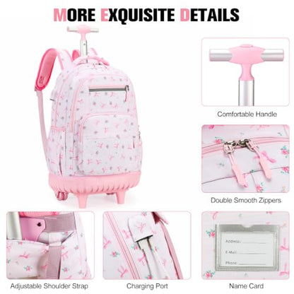 ACESAK Rolling Backpack for Girls - Roller Wheels School bag with Lunch Bag & Pencil Pouch for Teen Girls Kids Wheeled Suitcase Backpacks, Elementary Middle School Travel Daypack (Pink Bow) - color: Pink Bow