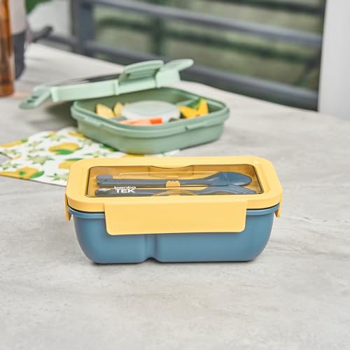 Restaurantware-Bento Tek 28.7 Ounce Bento Boxes, 10 Reusable Lunch Containers - With Fork And Spoon, Does Not Contain BPA, Blue And Yellow Plastic Reusable Lunch Boxes, Microwavable, Dishwashable - size: 10 Count, style: 29 oz - Blue