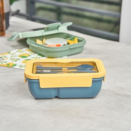 Restaurantware-Bento Tek 28.7 Ounce Bento Boxes, 10 Reusable Lunch Containers - With Fork And Spoon, Does Not Contain BPA, Blue And Yellow Plastic Reusable Lunch Boxes, Microwavable, Dishwashable - size: 10 Count, style: 29 oz - Blue