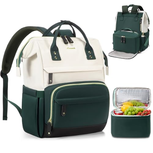 LOVEVOOK Lunch Backpack for Women, 15.6 Inch Laptop Backpack with Insulated Lunch Compartment,Built-in Cooler Work Bag,Wide Open Computer Backpack with Tumbler Holder,Water-Resistant Nurse Teacher Bag - color: Beige-green-black
