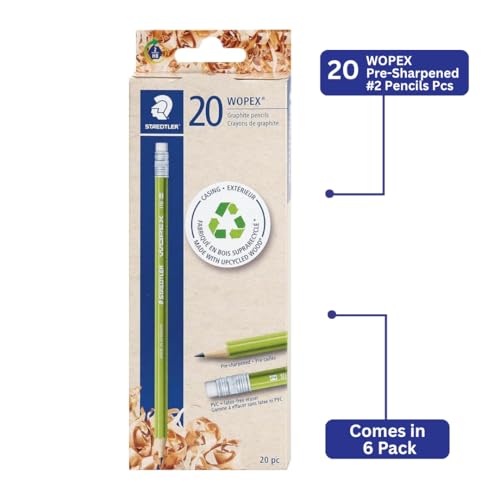 STAEDTLER WOPEX Pre-Sharpened #2 Pencils, 20 Pcs 6-Pack (6 sets of 20 pcs)- Ergonomic Triangular Shape, Break-Resistant, Non-Slip Surface, Wood-Polymer, PVC-Free Eraser Tip, 120 Count