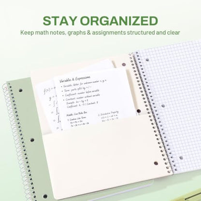 SUNEE Spiral Notebook, 1-Subject, Graph Ruled Paper, 8" x 10-1/2", 100 Sheets per Notebook, 3-Hole Punched Paper, Water Resistant Cover, Spiral Grid Notebooks for Work, Home, School, Writing, Green - color: Green