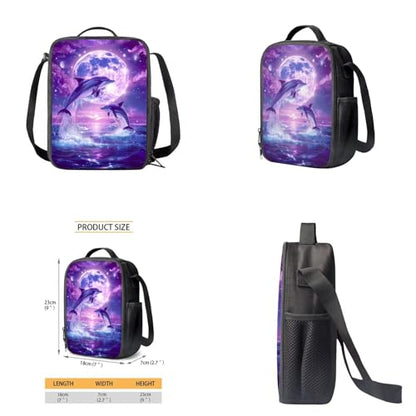Dolphin Backpack for Girls Kids Backpack with Lunch Box Water Bottle Pouch and Aesthetic Pencil Case 4PCS Set Bookbag with Front Pocket for School Teens 17 inch Large Elementary School Bag - color: Aesthetic Dolphin