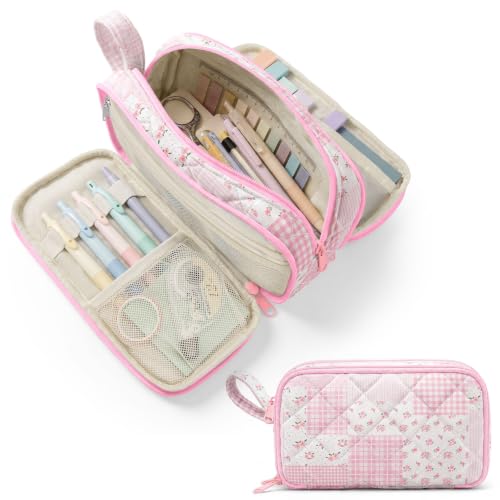 Shirabags Cute Quilted Pencil Case for Girls, 3 Compartment Organizer | Large Capacity Pencil Case,Soft Quilted Floral Design with 3 Zipper Compartments For School Office (Pink Square patchwork) - color: Pink Square patchwork