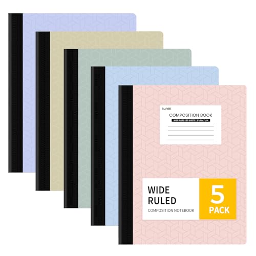 SUNEE Composition Notebook, Wide Ruled Paper, 5 Pack, 9-3/4" x 7-1/2", 80 Sheets/160 Pages, Back to School Supplies, Notebooks for School, Office Supplies (Pink, Purple, Blue, Green, Yellow) - color: Pastel-5 Pack