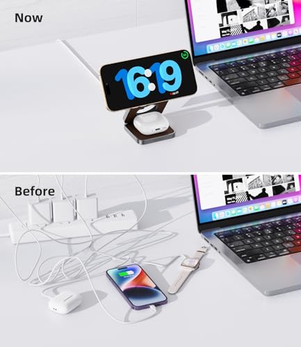 Foldable Magnetic Wireless Charger, KU XIU Aluminum Alloy 3 in 1 Charging Station for Apple, Fast Charging Travel Charger for iPhone 17 16 15 14 13, 5W for Apple Watch Ultra, AirPods, Leather Texture - color: Leather Texture