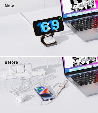 Foldable Magnetic Wireless Charger, KU XIU Aluminum Alloy 3 in 1 Charging Station for Apple, Fast Charging Travel Charger for iPhone 17 16 15 14 13, 5W for Apple Watch Ultra, AirPods, Leather Texture - color: Leather Texture
