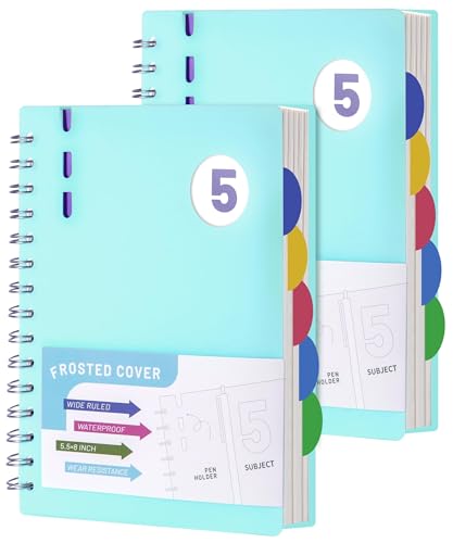 FLYING EAGLE 2 Pcs 5 Subject Notebook Wide Ruled, Small Spiral Notebook 5x7 for Work, 408 Pages Lined Journal with Removable Dividers, Small Notebooks for Work, Teal Blue - color: D.Blue, size: A5(5.5x8in)-2 Pack