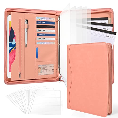 3-Ring Padfolio Portfolio Binder Organizer,PU Leather Folder Binder Business Planner Notebook Zippered Portfolio for Women/Men with Document Sleeve,Letter/A4 Size Clipboard - color: Pink-3
