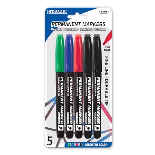BAZIC Asst. Color Fine Tip Permanent Markers w/Pocket Clip (5/Pack)