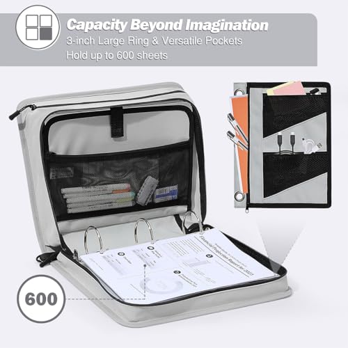 MoKo Zipper Binder with Strap, 3 Inch 3 O Ring, 600 Sheets, Black & Gray | Water-repellent Oxford fabric with 2 folders, removable file pockets, reinforced handle and adjustable shoulder strap. - color: Black & Gray