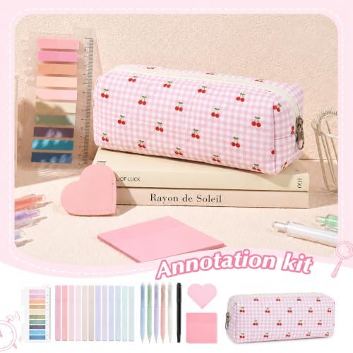22Pcs Book Annotation Kit Aesthetic Pencil Case with Supplies School Annotation Supplies Gel Pen Transparent Sticky Note Taking Bible Study College Stationery Supplie (Pink Cherry) - color: Pink Cherry