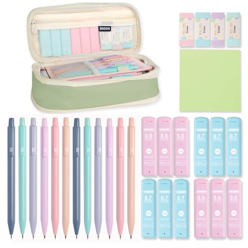 Aesthetic School Supplies with Cute Pencil Case, 12x Pastel Mechanical Pencils 0.5 & 0.7mm with 720x HB Leads, 4x Erasers and 1x Sticky Note, Suitable for Writing, Drafting Drawing Sketching(green) - color: Green