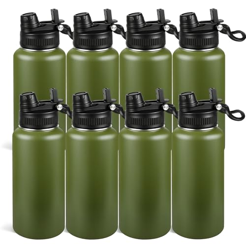 32oz Insulated Stainless Steel Water Bottle Bulk 2-in-1 Leak-Proof Sip & Straw Lid with Handle, Double Wall Vacuum Insulated Travel Mug for Sports, Commute, Office, Army Green, 8 Pack - color: Army Green, size: 32oz-8pack