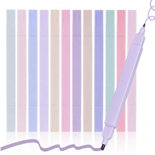 Pastel Highlighters, 12 Pack Dual Tip Highlighter Set with Chisel and Fine Tips, Aesthetic Bible Highlighters No Bleed Through for Journaling, Bible Study, Planner, Note Taking, School and Office