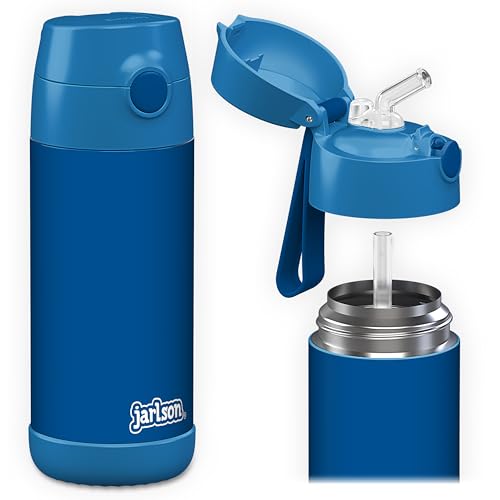 Jarlson® Kids Water Bottle CHARLI [12OZ] - Stainless Steel Thermo Bottle with Straw - Insulated, Spill Proof Waterbottle for School & Sports - Thermo Tumbler for Boys & Girls (Blue) - color: Blue 'Neo', size: 12 Ounces