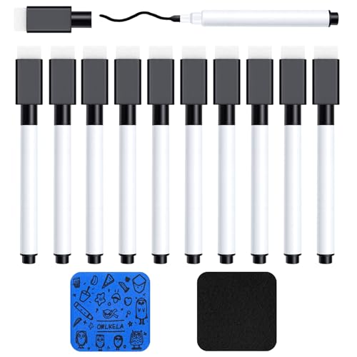 OWLKELA 10 Pcs Black Magnetic Dry Erase Markers with Eraser, Fine Tip Whiteboard Markers, Low Odor Dry Erase Set, White Board Markers for Office, Home, Classroom - size: 10 pieces