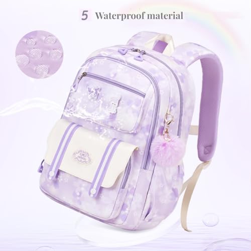 Girl backpack,Kids Backpack for Girl Kawaii Lightweight School Backpack Anti-theft Back Pocket Print Flowers Elementary Bookbag (Purple) - color: Purple