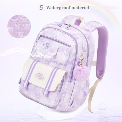 Girl backpack,Kids Backpack for Girl Kawaii Lightweight School Backpack Anti-theft Back Pocket Print Flowers Elementary Bookbag (Purple) - color: Purple