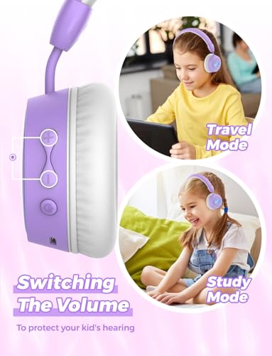 Kids Bluetooth Headphones, 85dB Volume Limited, 68 Hours Playtime, Bluetooth 5.4, Colorful LED Lights Toddler Headphones Wireless with Microphone, Birthday Gift for 1-13 Year Olds (Purple)