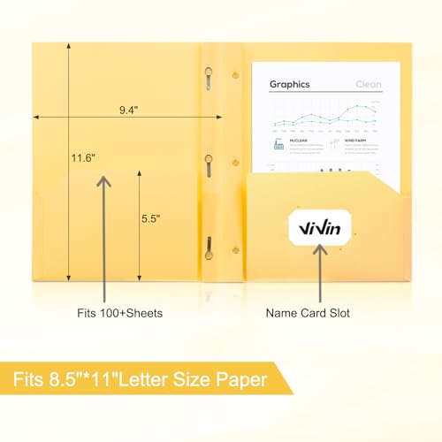 ViVin Sturdy Plastic Folder with Pockets,6 Pack,Heavy Duty Two Pocket 3 Prong Folders,Holds Letter Size Paper,File Folders with Business Card Slot for School Home and Office(Light Yellow) - color: Light Yellow, size: 6 PACK