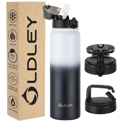 Oldley Insulated Water Bottle 32oz Water Bottles with Straw, Stainless Steel Water Bottle with 3 Lids, Double Wall Vacuum Thermo for Adults Kids,Leak-Proof Sport Bottles for School Travel, White Black - color: White Black, size: 32 Ounces