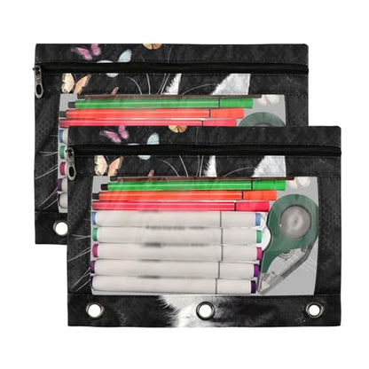 Kcldeci Pencil Pouch for 3 Ring Binder with Clear Window, Portrait of Cat and Butterflies - color: A07