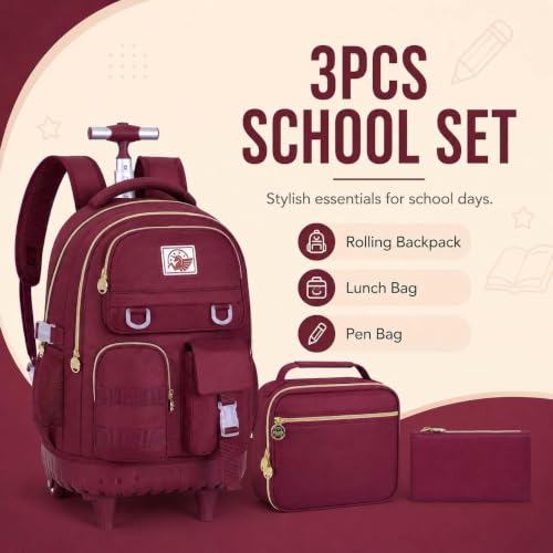 WZLVO Rolling Backpack for Girls Women, 21 inch Roller Wheels Backpacks for School, Water Resistant Wheeled Bookbag with Lunch Box - Red - color: Red