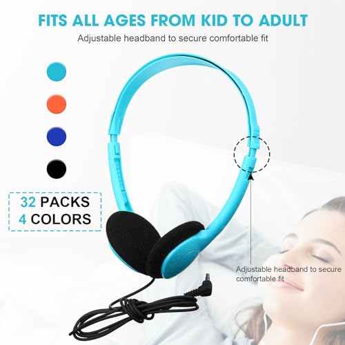 Konohan 30 Pack Headphones Bulk Headphone for School Classroom Student Wired Headphones Adjustable with 3.5 mm Jack for Adults (Sky Blue) - color: Blue