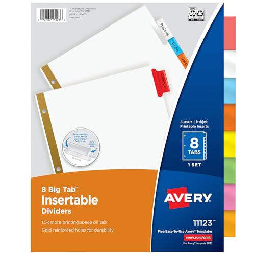 Avery 8-Tab Binder Dividers, Insertable Multicolor Big Tabs, 1 Set (11123)