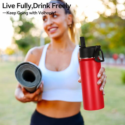 Volhoply 18oz Kids Insulated Water Bottle,Stainless Steel Water Bottles with Straw Lid,Wide Mouth Reusable Metal Water Bottle,Double Wall Vacuum Sports Travel Flask For Cold Drink(Red,1 Set) - color: Red