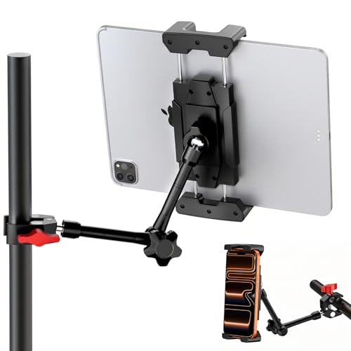 Multi-Scene Universal Tablet Stand, 360° Adjustable Phone Holder for Desk, Metal Crab Clamp with Sturdy Aluminum Arm for 4.7"-13.5" Kindle, iPad Pro/Air/Mini, iPhone, for Stroller Treadmill Golf Cart