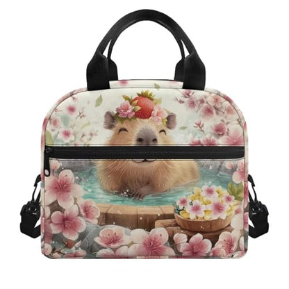 Capybara Lunch Box for Girls 8-10 Sakura One Piece Lunch Box for Boys 4-6 Preschool Meal Bag Kids 6-8 Kindergarten Toddler Children Elementary School Adjustable Shoulder Strap Portable - color: Sakura Capybara