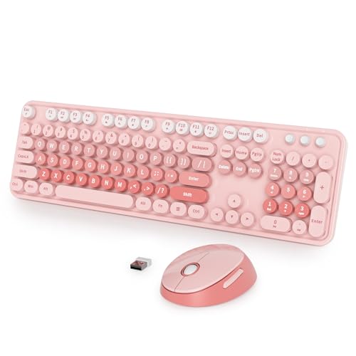 Wireless Keyboard and Mouse Set, Retro Typewriter Keyboard, 2.4GHz Full Size 104-Key Cute Keyboard with Number Pad, Colorful Keyboard with Round Keycaps for Windows PC Laptop(Pink) - color: Pink white