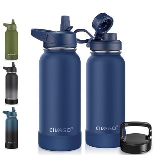 CIVAGO 32 oz Insulated Water Bottle With Straw, Stainless Steel Sports Water Cup Flask with 3 Lids (Straw, Spout and Handle Lid), Wide Mouth Travel Thermal Mug, Navy Blue - color: .Navy Blue, size: 32 Ounces