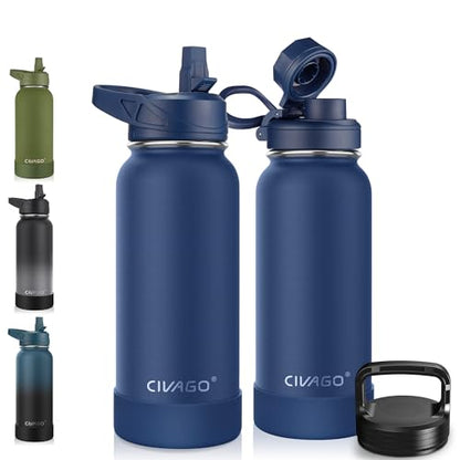 CIVAGO 32 oz Insulated Water Bottle With Straw, Stainless Steel Sports Water Cup Flask with 3 Lids (Straw, Spout and Handle Lid), Wide Mouth Travel Thermal Mug, Navy Blue - color: .Navy Blue, size: 32 Ounces