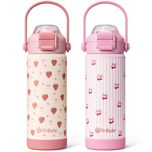 Fimibuke Kids Insulated Water Bottle with Pop-Open Straw & Spout 2-in-1 Lid, 18oz Leak Proof 18/8 Stainless Steel Vacuum Tumbler, BPA-Free Kids Cup For Travel School Boys Girls Toddler 2 Packs - color: Strawberry & Cherry, size: 18 Ounces
