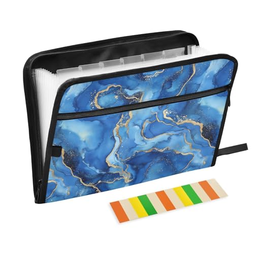 Blue Marble Water-Repellent Expandable File Folder 13-Pocket Accordion Organizer with Front Zipper Pocket for Pens Ideal for Home Office School Travel - color: Blue Marble