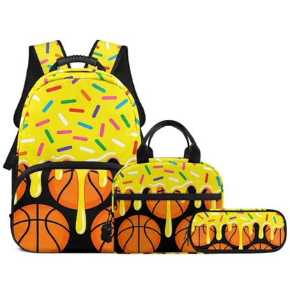 Yellow Ice Cream Basketball 3pcs School Backpack Set With Lunch Box Pencil Case, 17 Inch Large Capacity Bookpacks 3 In 1 Set For Boys Girls - color: Yellow Ice Cream Basketball