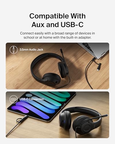 Belkin SoundForm Inspire Wired Over-Ear Headset for Kids, Online Learning & Travel w/Built-in Boom Mic, 85dB Safe Volume Limit - USB-C & 3.5mm - Compatible w/iPhone, iPad, Galaxy & More - Black - color: Black, style: Wired