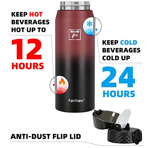 Fanhaw 24 Oz Kids Insulated Stainless Steel Water Bottle with Straw Lid, Leakproof & Anti-Dust Everyday Use Bottle for School, Women & Men, Back to School Essentials (Red Black) - color: Red Black, style: 24 Ounces