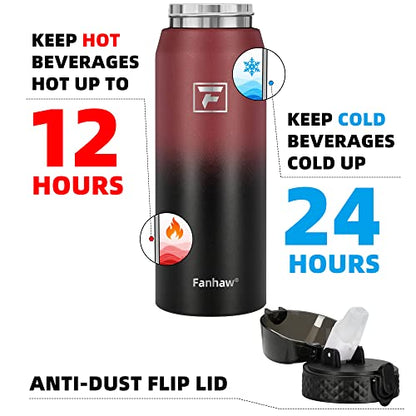 Fanhaw 24 Oz Kids Insulated Stainless Steel Water Bottle with Straw Lid, Leakproof & Anti-Dust Everyday Use Bottle for School, Women & Men, Back to School Essentials (Red Black) - color: Red Black, style: 24 Ounces
