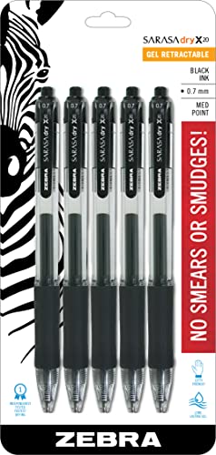 Zebra Pen Sarasa Dry X20 Retractable Gel Pens, 0.7mm Medium Point, Black Ink with Rapid Fast Dry Ink Technology, Ideal for the Left-Handed, Eliminates Smudging and Smearing in Seconds, 5-Pack (46855) - color: Black A